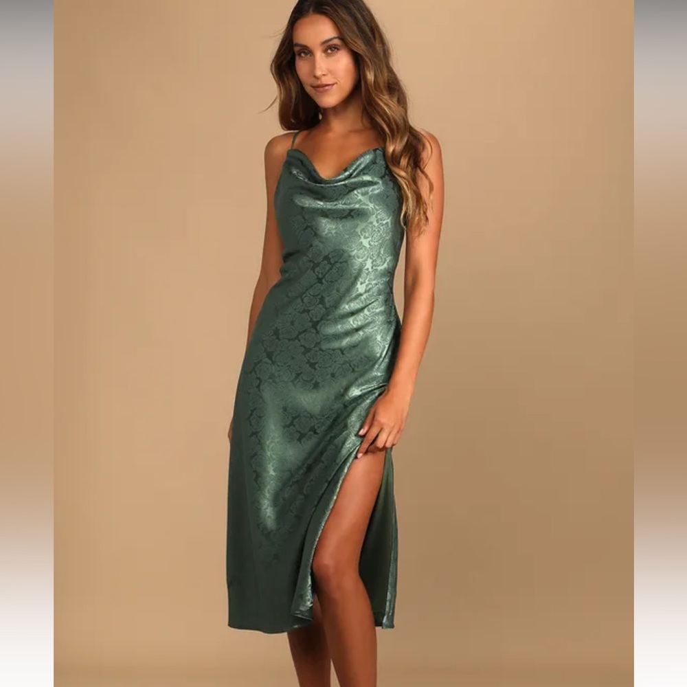 Lulus You’re My Type Sage Satin Jacquard Mini Slip Dress 👗
